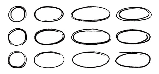 Poster - Marker brush marker scribble line circle frame shape set. Hand drawn marker crayon brush stroke highlight round, circular highlight frame element. Scribble sketch round hand drawn vector illustration