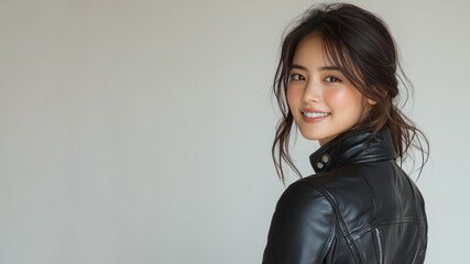 Korean happy woman wearing black leather jacket smiling isolated on white background