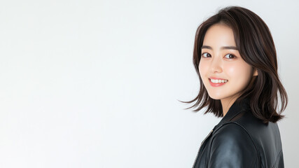 Korean happy woman wearing black leather jacket smiling isolated on white background