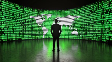 global business network: a man contemplating the world map on a digital screen