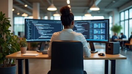 the image shows a woman sitting at a desk in an office, working on two computer monitors. she is wea