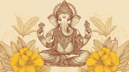 Wall Mural - 97.A beautifully detailed retro-style vector illustration of Lord Ganesh for the Ganesh Chaturthi celebration. The design shows Lord Ganesh in an elegant seated position, surrounded by yellow flowers