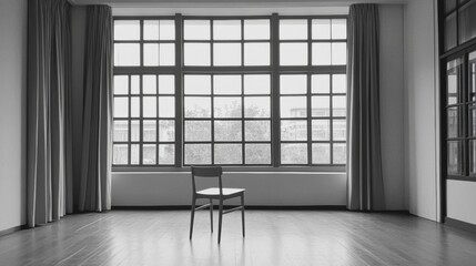 Wall Mural - A solitary chair in an empty room with large windows, soft light filtering through curtains