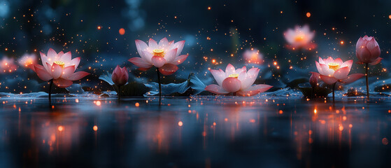 Wall Mural - Beautiful lotus flowers bloom in serene pond, surrounded by soft glowing lights, creating tranquil and enchanting atmosphere