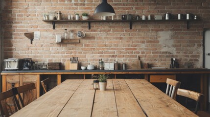 Wall Mural - Cozy kitchen interior with wooden table and shelves, featuring rustic decor and plants