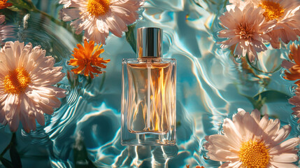 Wall Mural - woman perfume bottle displayed against serene water background, surrounded by vibrant flowers, evokes sense of elegance and freshness