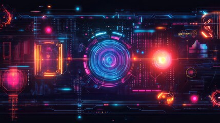 Futuristic HUD interface displays data, glowing neon, dark background, tech concept