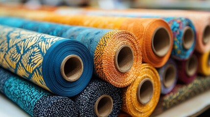 Wall Mural - Colorful fabric rolls stacked on a table in a textile store, ready for sale