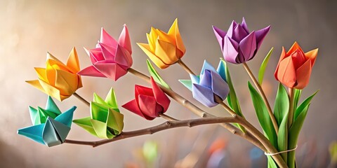 Wall Mural - Delicate spring tulip bouquet crafted in origami style art with intricately folded petals and stems, suspended from a slender branch , branches, colorful