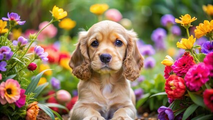 Wall Mural - adorable cocker spaniel puppy surrounded by colorful flowers, adorable, pet,  adorable, pet, furry, pink, joyful, flowers, happy