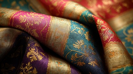 Wall Mural - Colorful silk fabric folds with gold floral pattern, close-up textile texture