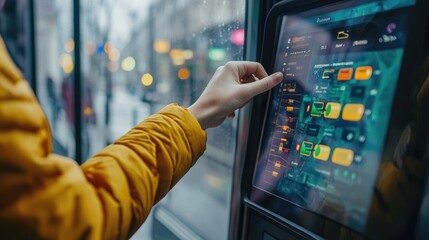 Interactive Cityscape with Person using a touchscreen interface in an urban setting.