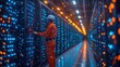 © Old Man Stocker - Technician Working in High-Tech Data Center with Blue and Orange LED Lights, wearing Safety Gear and Examining Server Rack for Maintenance or Upgrade Procedures