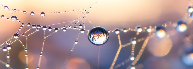 Wall Mural - a close-up of water droplets on a spider's web, sparkling in the early morning light