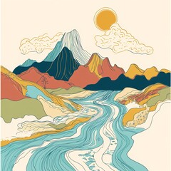 Wall Mural - Vibrant Mountain Landscape with River and Sun in Artistic Style