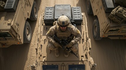 Military Convoy in Desert: Soldier on Armored Vehicle