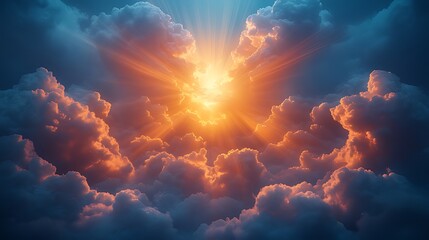 Wall Mural - Heavenly sunrise above cloudscape, dramatic light rays