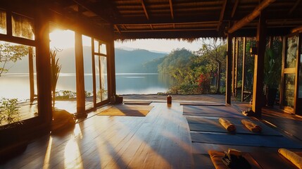 Wall Mural - Tranquil Morning Yoga Studio Overlooking Serene Lake and Lush Green Hills