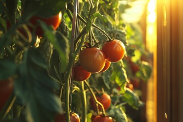 Wall Mural - Ripe red tomatoes growing on vine in greenhouse at sunset.