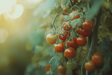 Wall Mural - Ripe red cherry tomatoes growing on a vine in a garden at sunset.