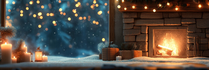 Wall Mural - cozy fireplace scene with glowing candles, presents, and snowy window view. warm light creates festive atmosphere, perfect for winter celebrations