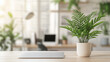 © VERTEX SPACE - vibrant green plant in white pot adds refreshing touch to modern workspace, enhancing serene atmosphere with natural beauty and tranquility