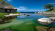 © tugkiara - Lakeside thatched cottage, serene view, calm waters, peaceful background, travel postcard
