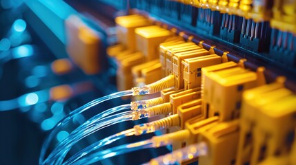 Fiber Optic Network Cables Connected to Server Racks in Data Center