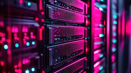 Vibrant Pink and Teal Server Rack Data Center Technology