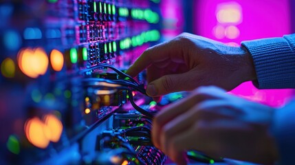 Poster - Tech Specialist Working on Server Network Colorful Lights