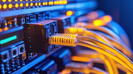 Fototapete - Network Cables Connected to Server in Blue and Orange Light