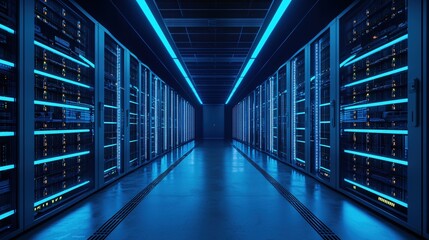 Leinwandbilder - Modern Data Center Server Room Blue Neon Lights Technology Infrastructure