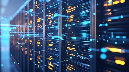 Fototapete - Digital Data Flow Network Server Room Technology Infrastructure