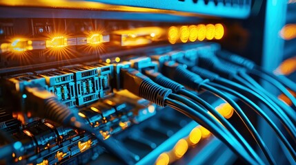 Poster - Network Server Technology Data Center Cables Connection Blue Orange Glow