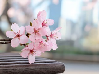 Canvas Print - Delicate Pink Cherry Blossoms Blooming Against a Soft Blurred Background of Cityscape in Springtime Serenity