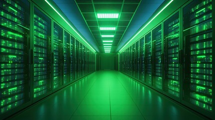 Poster - Green Lit Server Room Data Center Technology Network Infrastructure