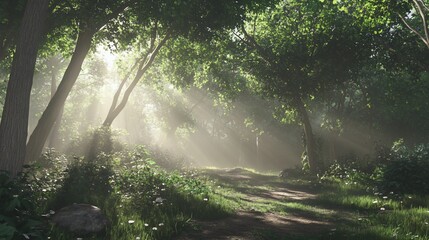 Wall Mural - Sunlight filtering through the lush foliage of a tranquil forest path