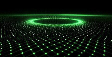 Abstract green glowing ring on grid.