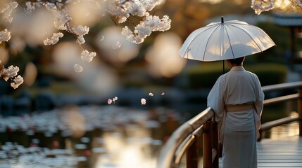 Cascading sakura petals surrounding man wearing traditional yukata, holding transparent umbrella, standing on wooden bridge during soft sunset in serene japanese garden