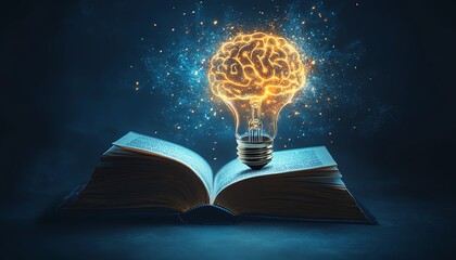 Poster - An open book with a floating, glowing brainshaped light bulb above it, radiating energy, representing the spark of knowledge and innovation
