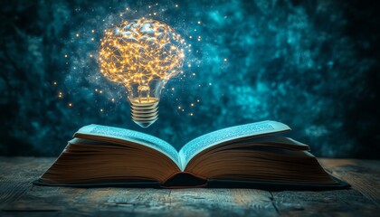Poster - An open book with a floating, glowing brainshaped light bulb above it, radiating energy, representing the spark of knowledge and innovation