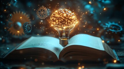 Poster - An open book with a glowing brainshaped light bulb emanating bright rays of light, symbolizing innovation and intelligence, soft glowing effect