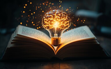 Poster - An open book with a glowing brainshaped light bulb emanating bright rays of light, symbolizing innovation and intelligence, soft glowing effect