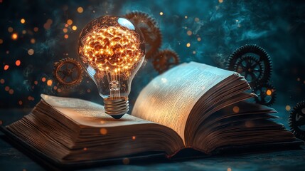 Poster - An open book with a glowing brainshaped light bulb emanating bright rays of light, symbolizing innovation and intelligence, soft glowing effect