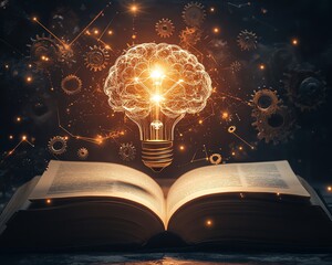 Poster - A brainshaped light bulb above an open book, with gears and mechanical elements surrounding it, symbolizing the connection between memory and knowledge