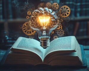 Poster - A brainshaped light bulb above an open book, with gears and mechanical elements surrounding it, symbolizing the connection between memory and knowledge
