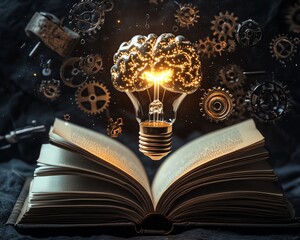 Poster - A brainshaped light bulb above an open book, with gears and mechanical elements surrounding it, symbolizing the connection between memory and knowledge