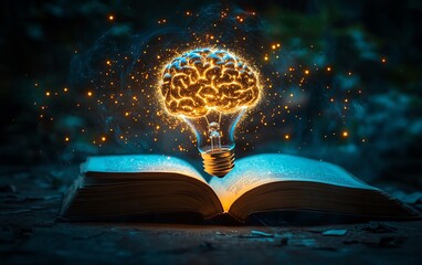 Poster - A glowing brainshaped light bulb hovering above an open book, with intricate light patterns surrounding it, symbolizing deep knowledge and invention