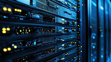 Powerful Server Rack in Modern Data Center Blue Technology