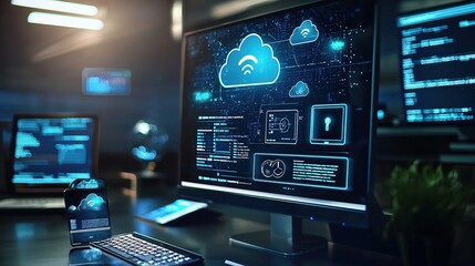 Modern Cloud Computing Technology Desktop Setup Digital Data Network